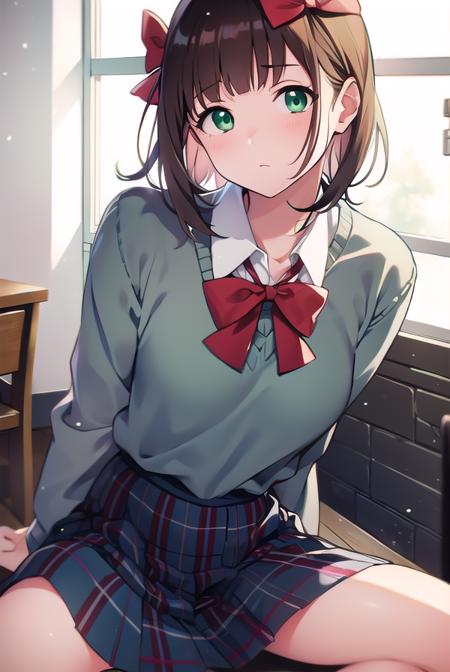 harukaamami, <lyco:harukaamami-LYCORIStest:1>,
haruka amami, brown hair, (green eyes:1.5), short hair, (hair bow:1.5), hair ribbon, bangs, blunt bangs, (small breast:1.2),
BREAK bag, bow, school uniform, serafuku, skirt, sweater, long sleeves, red bow, blue skirt, grey sweater,
BREAK looking at viewer,
BREAK indoors, classroom,
BREAK <lora:GoodHands-vanilla:1>, (masterpiece:1.2), best quality, high resolution, unity 8k wallpaper, (illustration:0.8), (beautiful detailed eyes:1.6), extremely detailed face, perfect lighting, extremely detailed CG, (perfect hands, perfect anatomy),