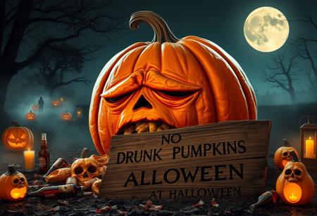 “Enormous orange pumpkin with a tired, worn-out expression, sitting on the ground as it vomits its own pumpkin guts. Empty beer bottles scattered around, as if it just had a long night of drinking. Surrounding the pumpkin are spooky Halloween elements: glowing jack-o’-lanterns, eerie fog creeping along the ground, flickering candles inside skull-shaped lanterns, and a few scattered candy wrappers. A full moon casts a dim light over the scene, with creepy shadows from nearby trees and faint ghostly figures in the distance. In front of the pumpkin, a decayed, broken wooden sign with deep engravings reads ‘NO DRUNK PUMPKINS ALLOWED AT HALLOWEEN,’ adding a darkly humorous touch to the eerie atmosphere.”
