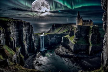 ancient tower stone gothic castle perched on the cliffs of moher at night, ((waterfall)),  (((full moon))), glowing windows, lightning, aurora borealis, BREAK, creepy, haunting, misty, ethereal, mystical,  epic, [[silver and blue tones]], epiCPhoto <lora:more_details:1.5> <lora:PAseer-MistyGhost:.3>