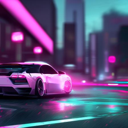 a photo of a car driving down a road with a city in the background at night time with bright lights on the cars hood, art by carstestv3