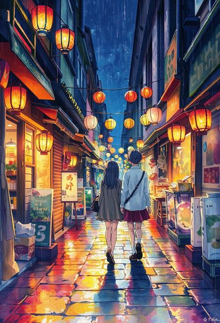 Vertical 9:16 cinematic anime scene, narrow old shopping street glowing with warm lanterns at night, anime couple walking side by side under light rain, colorful reflections on wet stones, cozy nostalgic atmosphere, pastel colors, highly detailed anime watercolor texture.