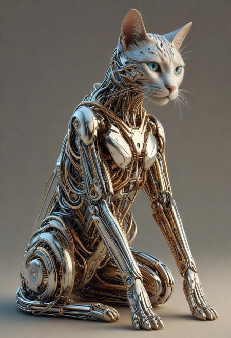 A stunning visually captivating scene of an ultrarealistic, gorgeously crafted feminine robot, her sleek metallic frame gleaming under dynamic, intricately layered lighting that creates a mesmerizing interplay of light, shadow, reflection, and subtle refraction. The use of cutting-edge raytracing techniques ensures every surface—from her polished chrome joints to her intricately detailed facial contours—renders with breathtaking realism, capturing microscopic textures and delicate imperfections that lend an organic quality to her design. The atmosphere is softened by a play of dreamy, diffused light, reminiscent of a slightly cartoon-inspired ethereal glow, with a subtle shimmer accentuating the edges of her form. Beside her, perched on her shoulder or playfully interacting at her feet, is a gracefully elegant cat, its fur rendered with exquisite detail, from the finest strands of hair catching the light to the spark of curiosity in its luminescent eyes. The palette leans into muted metallics with hints of pastel tones—soft silvers, brushed golds, and iridescent blues—imbuing the scene with a whimsical, futuristic, yet gentle ambiance. A faint, distant hum, almost imperceptible, reinforces the serene yet slightly magical tone. Together, the robot and the animal interact with an implicit narrative of companionship, their bond highlighted in this enchanting moment balanced between realism and fantasy.