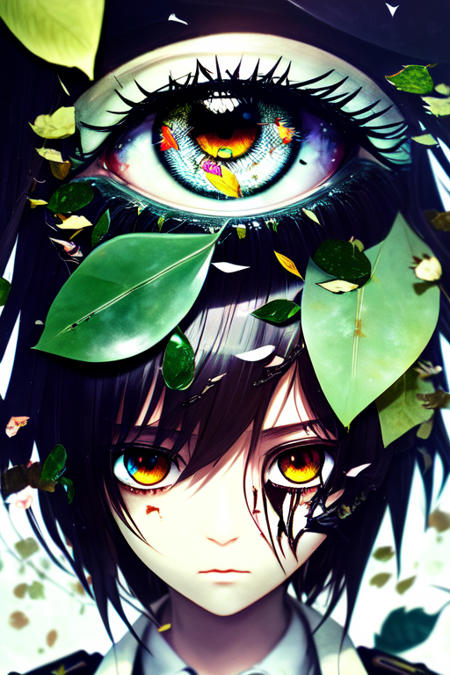 wallpaper,
a little killer girl in ragged torn school uniform, beautiful eyes, glass leaf,
close shot,
darkness, fantasy, despair atmosphere, anime game jacket, glow-forest style,