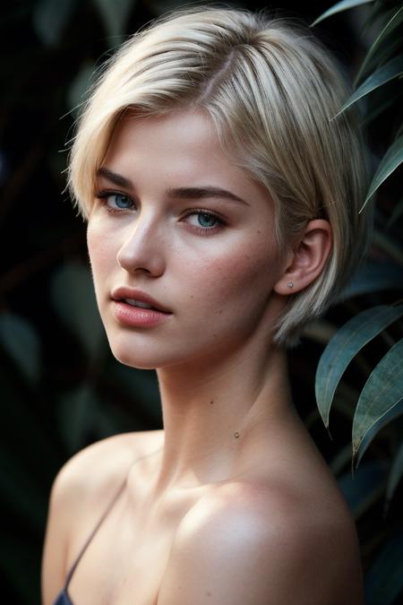 photo of (s4r4hgrey-135:0.99), a beautiful woman, perfect platinum blonde short hair, (Electric Blue  off-sweater shoulder), 85mm, (analog, cinematic, film grain, hazy atmosphere:1.3), ((plain Eucalyptus background, jazz club:1.2)), detailed eyes, (seductive), (epicPhoto), (looking at viewer), jewelry, (cinematic shot:1.3), PA7_Portrait-HL_v2