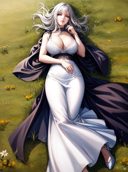 (high quality:1.3), highly detailed, (drawing, professional artwork:1.2, artstation), 
AraneaHighwind, lying on grass, (beautiful sky background:1.1), (grass, hills and sky:1.15), looking at viewer, smirking, flirting, (full body shot:1.15),
grey hair, lipstick, makeup, black eyeshadow, eyelashes, (ultra detail hair:1.1), ultra realistic hair, ultra detail face, green eyes, (perfect eyes, perfect face:1.1),
white dress, white highheels,
(Large Breasts:1.2), cleavage, <lora:AraneaHighwind-000009:0.8>,  <lora:add_detail:0.8>