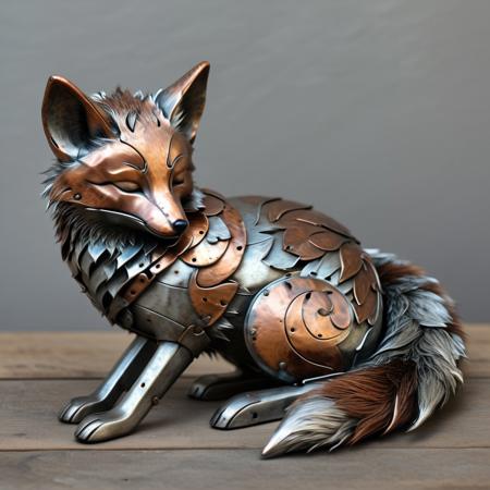 adorable iron fox in peaceful slumber, curved metal body plates with seamless joints, detailed rust patina creating realistic fur patterns, iron world morph creature, delicate metal leaves forming nest, brushed steel accents, industrial whimsy aesthetic, perfect rounded forms, oxidized copper tones, polished highlights catching light, meticulous craftsmanship, weathered metal textures, curled tail wrapped around body, structural iron transformation, harmonious metal composition