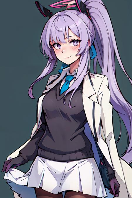  zzUtaha, long hair, purple hair, halo, purple eyes, ponytail, headgear,  long sleeves, solo, black gloves, white skirt, white jacket, black sweater, collared shirt, blush, white shirt, coat, sidelocks, pantyhose, blue tie,