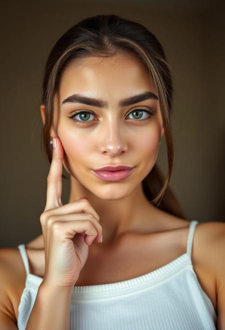A young woman looking directly at the camera with a confident and playful expression, clearly conveying that she is asking for silence. Her eyes exude a sense of complicity and charm. The image is vertical, showing her from the chest up, with a softly blurred neutral background and natural, soft lighting highlighting her features. The overall style is realistic