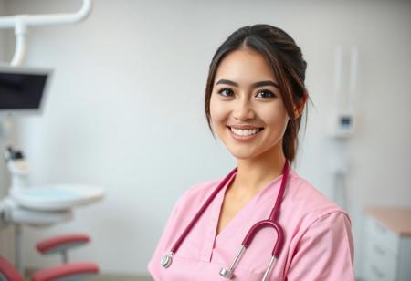 medium shot, symmetrical front view of a Beautiful real young woman, pink clinic uniform, dental clinic work space at the background