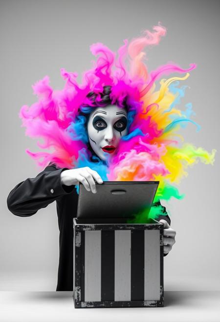 "Image of a mime, dressed in traditional black and white attire, opening a small mysterious box. The entire scene is rendered in black and white, with no hint of color anywhere. But as the mime lifts the lid of the box, a burst of vibrant, beautiful colors erupts from within. The colors are a riotous mix of pinks, blues, yellows, and greens, swirling and dancing in the air like a living thing. The mime's face is a picture of surprise and wonder, their eyes wide with amazement as they gaze at the colors that should not exist in this monochrome world. Style: surreal, dreamlike, and fantastical, with a focus on capturing the mime's shock and delight at the unexpected burst of color." Absurdres Highest-Quality, 4k