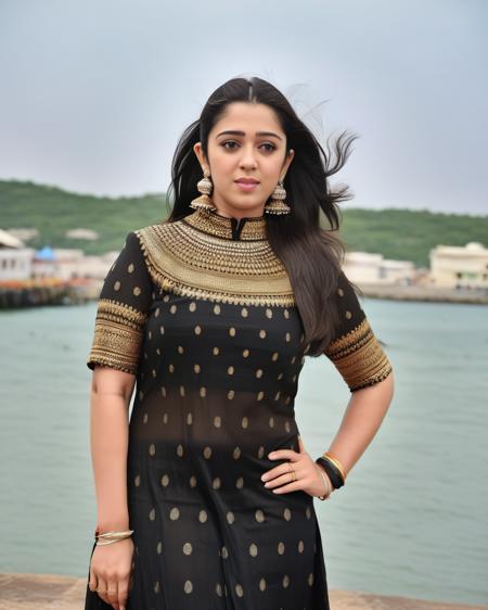 ultrarealistic full body photo of a 30-year-old charmi kaur, high neck ethnic clothes, Raised eyebrows in surprise, Medium close-up camera angle, 80s hairstyle, perfect eyes, looking at camera, film grain, day time at pier, beautiful bokeh < <lora:Charmi_Kaur_SDXL_LoRA:1>