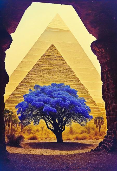 ()Hyoer Realistic:2.0)Polaroid picture 
an image of Ancient Egyptian pyramids, bathed in golden light, as a shimmering portal materializes beneath. The portal's iridescent glow illuminates the desert sands, beckoning travelers to enter. Capture the contrast between the ancient structures and the (futuristic, utopian universe within, teeming with lush vegetation, gleaming spires, and hovering spacecraft. Incorporate a sense of wonder and discovery, as the secrets of the pyramids unlock a gateway to a brighter, intergalactic future: 2.1)
BREAK 
🌳 Stunning Blue Jacaranda Tree 🌳
This magnificent Jacaranda tree is a true showstopper, with its canopy completely covered in a vibrant, almost unreal shade of blue flowers. The dense, puffy clusters of blossoms create a breathtaking, architectural display that commands attention and adds a touch of enchantment to the well-designed garden landscape.
