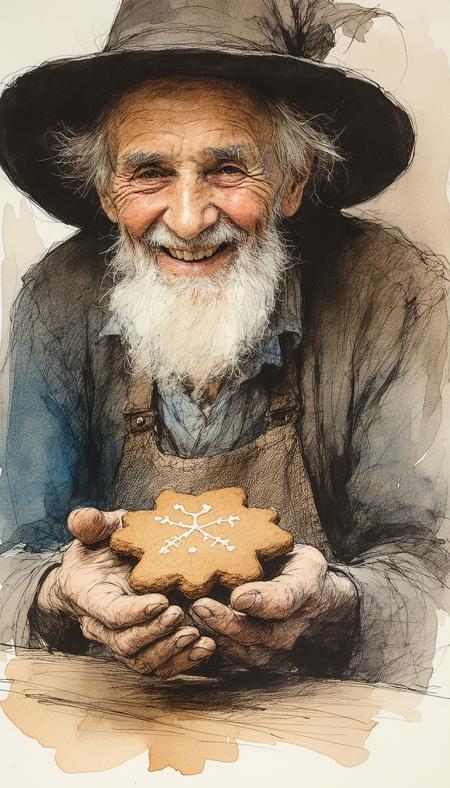 Ink art, watercolour washes, charcoal shadows: Intimate close-up of a wisened elder, deeply etched smile, delicately cradling a warm gingerbread cookie. Arthur Rackham's expressive lines, Rembrandt's poignant lighting. Sepia, ochre, desaturated blue palette. Soft window light casts gentle chiaroscuro on papery skin, crumbly cookie. Dust-moted sunbeam illuminates antique lace, worn wood. Focus: knowing eyes, gentle hands, central cookie. Atmosphere of nostalgic tenderness, quiet contemplation; implied baking spices, wisp of steam.