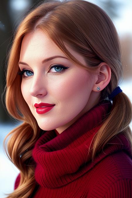 photo of a woman, annetteo:0.99, ((pale skin, short hair, pigtails)), ((outdoors, snow):1.1), (smiling), ((closeup, portrait)),((turtleneck sweater , scarf):1.2), ((red lipstick, eyeliner, eye shadow, blush)), ((best quality, masterpiece, extreme details, high resolution):1.2),((detailed eyes, beautiful eyes, detailed face, beautiful face):1.2)