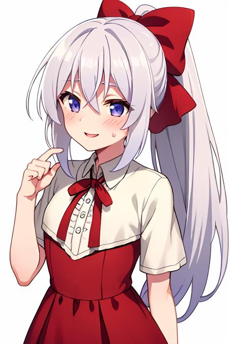 elaina, (masterpiece:1.6, best quality), shiny hair, long hair, shiny, sweatdrop,sidelocks, ribbon, ponytail, dress, red ribbon, collared shirt, hair ribbon, red shirt, short sleeves, parted lips, red dress, frills, hair bow, red bow, wing collar, bow, white shirt, blush, alternate hairstyle,  crossed bangs , happy, white background,<lora:elaina:0.6>