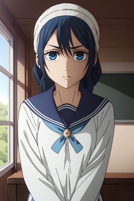 Riko, school uniform, blue eyes, serafuku, blue hair, hairband