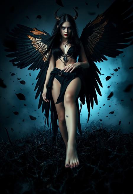 (Soft Lighting Photography by Mimoza Veliu and Mario Giacomelli:1.2), NSFW, A full-body shot of a surreal, dark goddess captured from a low-angle side view, focusing on her feet. She has long, flowing cyberpunk hair and wears an outfit with black and gold angel wings. She walks barefoot over a ground covered in sharp black thorns. Her face is delicate yet haunting, with a hint of wickedness in her expression. She has an alluring and dangerous posture, surrounded by black petals swirling in the air. The scene is filled with a mix of eerie light and shadows, set in a dark and menacing color palette. sexy, dynamic poses,