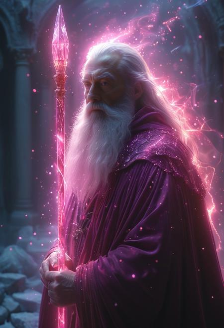 Astral Aura, (auralora:1.2), dark fantasy aesthetics, movie poster, centered composition, photography by Doug Aitken. A dark and moody face close-up of an old wizard standing in the halls of a temple ruins wearing a cloak is ((surrounded by ice shards)). The man has a long white beard and is holding a large magical staff that emits a bright pink light that shimmers on his face. Detailed face, detailed skin, skin texture, skin pores, (freckles:0.9). Dust particles, particle system. Gritty, raw, damp, liminal fog, shimmering light. A mesmerizing blend of light and shadows. <lora:Aurastronger_SDXL:1>, astral, colorful aura, vibrant energy, pink magic light, magic aura,