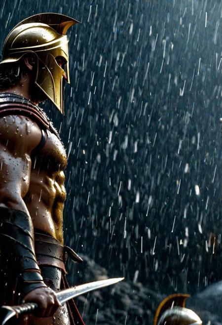 (((cinematic film photo, extremely details, photo of Mind blowing depth and foreground clarity))) stunning, high quality, photorealistic, photo very large view of Leonidas and his 300 Spartans, muscles, row, shield, pouring rain, ((dramatic lighting, detailed atmosphere), dark, moody), intricate details), volumetric lighting, high resolution, 8k, best quality, hyper detailed, ultra detailed, ultra high definition, 8k, super sharp focus, golden ratio, great detail of textures ((masterpiece))