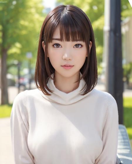 pureerosface_v1:0.3, best quality, photorealistic, 8k, high res, full color, 1girl, woman, 20 years old woman, (skindentation), (portrait:0.6), trees, park bench, daylight, ((park background:1.52)), full color, ((necksweater:1.68)), looking at viewer:1.8, (1girl eyes looking at viewer:1.55), (short-length hair, brownhair, partedbangs:1.45), (bokeh), <lora:AAV-koharu:0.7>