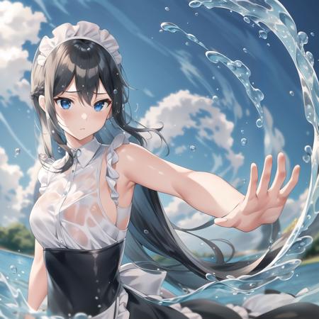 Fisheyes, masterpiece, top quality, best quality, official art, beautiful and aesthetic, animation
<lora:Yuansuli_shui:1>,shui, (flowing water),flowing water droplets,(splashing water drops),water magic,Water Magic Practice,
1girl, long hair,  Water surrounds the girl's body,
maid headdress, maid apron, maid uniform, 
outdoors, lake side, black hair, beautiful face,
hand up, fighting stance, expressionless, (friction ridge),