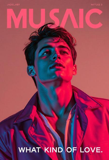 high quality design aesthetics, male vocals, electro-funk, synth-pop, disco, retrofuturistic, modern, detailed, pop album cover, white man, artist name "Musaic", album title "What Kind Of Love"