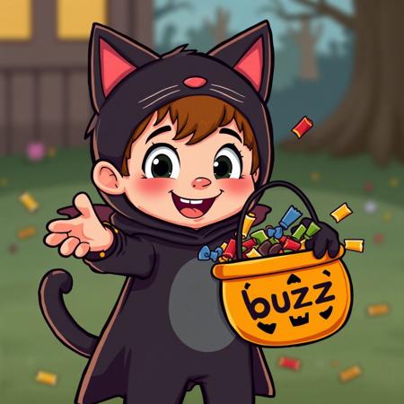 Cartoon image of the little boy dressed up as a black cat for Halloween holding out his Halloween bucket that is already overflowing with candy, the Halloween bucket is labeled 'buzz'