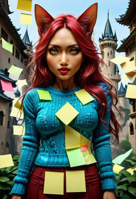 Jed-StickyN, Cambodian woman, asian features, long hair, small waist, An extreme photorealistic upper body shot of a cat girl with mesmerizing golden eyes and slit pupils. She has long, flowing two-tone hair, hair with striking unrealistic beauty. red lips, the skin has tiny imperfections like pores, faint freckles, and slight skin texture variations to add realism. Realistic lip texture with soft lines, slight gloss, and natural color variation. Realistically detailed tear ducts, slightly moist, enhancing the natural appearance of the eyes. Faint, barely visible veins under the eyes, adding depth and authenticity to the skin. Individually rendered eyebrow hairs with natural variation in direction, length, and thickness. Variation in hair strand thickness, with some thinner and finer than others, Gothic castle, lively, luminescent, Majestic castle, big eyes, fully dressed, (Jed-StickyN sweater:1.8), (castle:1.4), (outdoors:2), CZC, FULL BODY, CLOTHED, hands behind the head, agile pose, dynamic pose, (action:1.6),