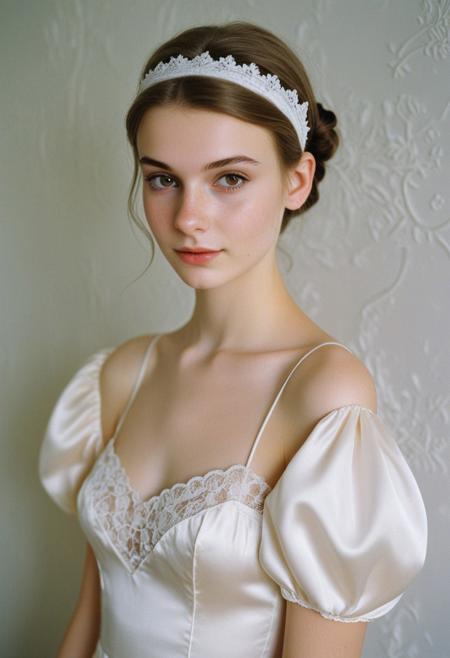 Photography, skinny, beautiful sexy slavic 18yr old femboy man , brunette, wearing loose satin wedding dress with lace trim, puff sleeves, soft smile, light freckles,  slim beautiful face, perfect eyes, detailed background, satin hairband, eyeliner
kodak analog flash photography