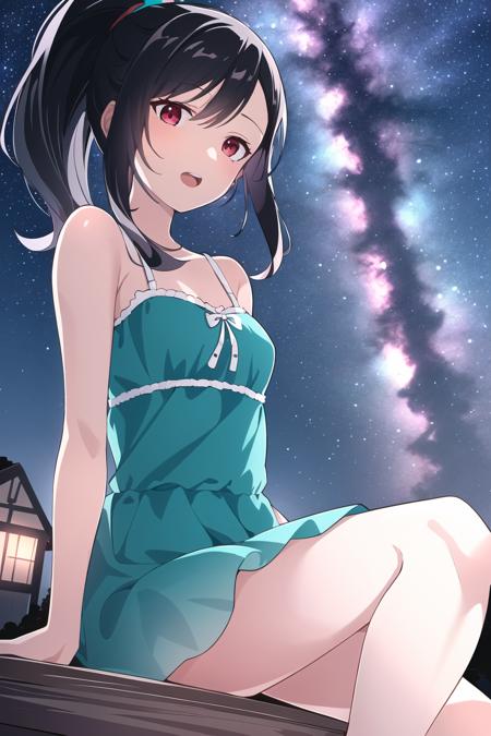 tifa lockhart, final fantasy vii remake, (red eyes), 1girl, bare shoulders, aqua dress, black hair, green dress, sleeveless dress , sundress, house, long hair, night, night sky, open mouth, outdoors, ponytail, sitting, sky, sleeveless, sleeveless dress, star (sky), starry sky, town, aged down, small breasts, ((white frills)), (white dress), 

<lora:tifa_lockhart_offset:1>