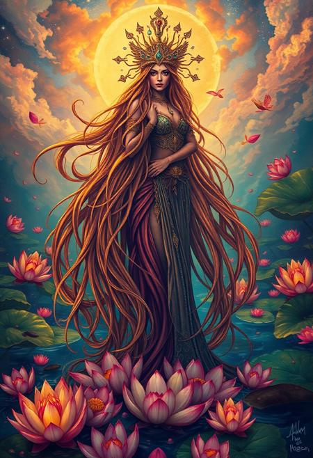A goddess-like figure, her long flowing hair merging with the water, surrounded by floating lotus petals
visionary art, vibrant colors, intricate details, spiritual symbolism, shamanic visions, mystical creatures, rich foliage, cosmic elements, plant medicine, ethereal glow, transcendental scenes, Peruvian culture, surreal landscapes, interconnected forms, dreamlike atmosphere
balance of realism and stylization, allegorical storytelling, quiet yet powerful visual expression