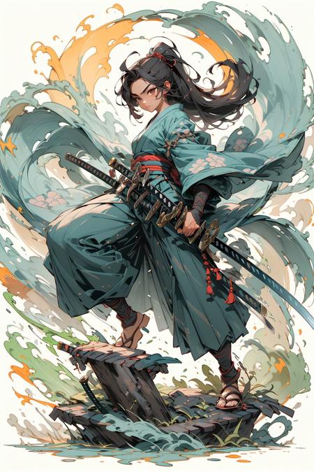 weapon, 1girl, long hair,male focus, sword, solo, japanese clothes, holding, holding weapon, katana, holding sword, sheath, , , long sleeves, , haori, , hakama, kimono, sheathed,full body,
,,   <lora:niji_wushi:0.68>