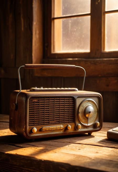 A vintage radio, its surface worn and weathered, softly playing nostalgic tunes. It rests on a rugged wooden table with deep grains and knots, bathed in warm, golden light. Dust particles dance in the air, creating a cozy, ultrareal rustic scene that feels like a moment frozen in time.