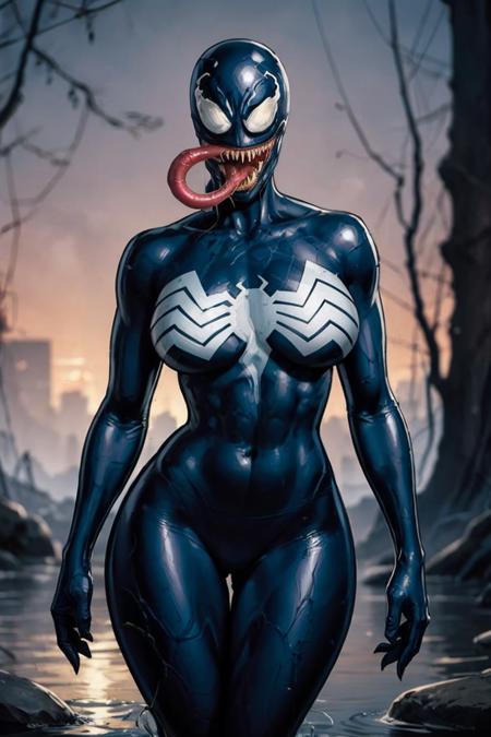 wading,looking at viewer,solo,water, sunset, onsen, wisteria,moody lighting, BREAK, 
CARTOON_MARVEL_she_venom_ownwaifu, www.ownwaifu.com, 
symbiote,  breasts, teeth, sharp teeth, tongue, long tongue, tongue out, large breasts, curvy, narrow waist, tall female, thick thighs, muscular female, thigh gap, 
bodysuit, skin tight, superhero, monster girl, silk, latex, black bodysuit, covered navel, mask, no eyes, shiny, cameltoe, 
<lora:CARTOON_MARVEL_she_venom_ownwaifu-15:0.8> ,