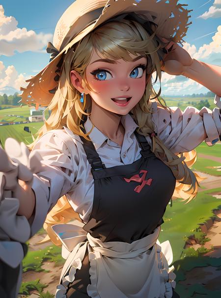 1girl, cute, cute pose, (long hair, blonde hair, blue eyes), (farm girl, apron, hat), tomboy, curvy, looking at viewer, smile, :D, breast focus, sexy, rural, (jumping, from above:1.3), 
(detailed landscape, farm, fild, clouds:1.2), (background:1), (dynamic_angle:1.2), (dynamic_pose:1.2), (rule of third_composition:1.3), (dynamic_perspective:1.2), (dynamic_Line_of_action:1.2), solo, wide shot,
(masterpiece:1.2), (best quality, highest quality), (ultra detailed), (8k, 4k, intricate), (full-body-shot:1), (Cowboy-shot:1.2), (50mm), (highly detailed:1.2),(detailed face:1.2), detailed_eyes,(gradients),(ambient light:1.3),(cinematic composition:1.3),(HDR:1),Accent Lighting,extremely detailed,original, highres,(perfect_anatomy:1.2),