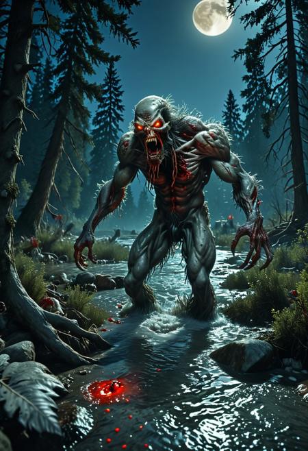 Enraged, massive zombie with a brain composed of muscles and tendons, a hairy demonic creature with a tooth saw, copious blood, captured in found footage, lurking beneath a bloody river during a full moon, surrounded by conifers as a dismembered tree lies nearby.