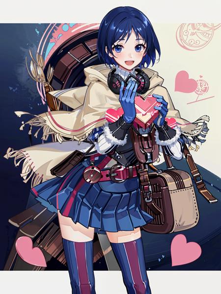 isara\(valkyrie\), thighhighs, short hair, blue hair, gloves, blue eyes, heart, 1girl, military, uniform, chocolate, solo, heart background, open mouth, military uniform, zettai ryouiki, skirt, smile, fringe trim, vertical stripes, striped, pleated skirt, food, valentine, looking at viewer, holding, headphones, striped thighhighs, candy, :d, bag, poncho, blush, capelet, black gloves, miniskirt, fur trim, belt, original, intricate detail, illustration, masterpiece, extremely detailed CG unity 8k wallpaper, highlight, sharpening, dynamic,  <lora:Isara:0.5>