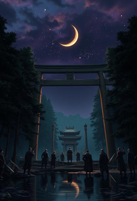 in the heart of a vast, ancient forest, a magnificent wooden torii gate stands tall. it serves as the entrance to a hidden temple nestled among the trees and rocks. the sky above is dark, but not with the quiet serenity of night. instead, it's a canvas painted in hues of purple, orange, and blue by the fiery dance of a battle raging beyond the gate. a group of skilled warriors has gathered at the entrance, their faces etched with determination. they have come from far and wide, drawn to this sacred place by whispers of an ancient artifact that holds immense power. the warriors, clad in armor and wielding weapons forged by their ancestors, stand ready for whatever challenges await them inside the temple. the air is thick with tension as they prepare to face the dangers within. a crescent moon peeks through the trees, casting eerie shadows around them. the tranquil pond reflecting the stars above now mirrors the impending clash of swords and the flickering lights of the battle. the warriors steel themselves, their eyes fixed on the gate before them. with one last look at each other, they nod in silent agreement, knowing that only together can they hope to overcome the obstacles and claim the artifact. and so, they march forward, their courage and determination shining brighter than the stars above, ready to write their names in the annals of legend.