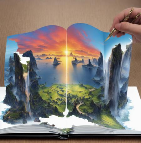 Masterpiece, 8k, Photo, realistic, in table, realistic,  Pop-up Book, Aerial View, Closeup-View