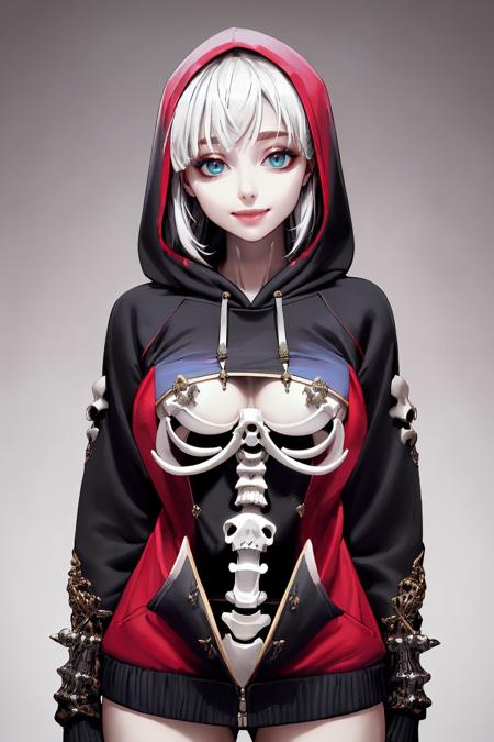 ((Masterpiece, best quality,edgQuality)),smile--, hoodie,edgBones, a woman in a hoodie made of bones ,wearing edgBones
 <lora:edgBoneHoodies:1>