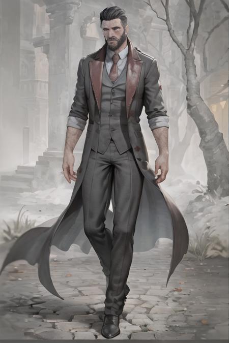 Jonathan_Reid, (bearded man), handsome, <lora:Jonathan_Reid_Vampyr_Test2:0.5>, full body, Vampyr_Game