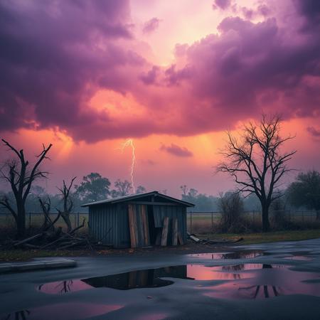 Broken Down Shed, Looming Thunderclouds, Snapped Trees, Burnt, Murky Water Puddles, Purple and Orange Tones, Refined Gradients, Realistic (2.0), Wet Surfaces, Gloom, Thunderstorm, Masterpiece Photography, Broken Down Shed, Leaves Falling, Purple Tones