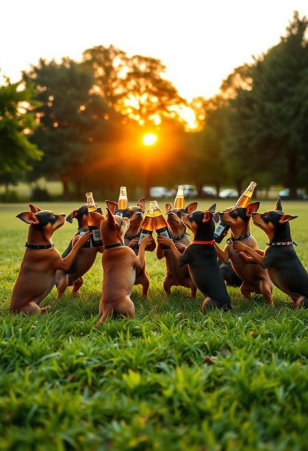 Imagine a playful group of Miniature Pinchers in the middle of a park, gathered in a circle, each holding bottles of beer in their paws. The sun is setting on the horizon, casting a golden glow across the grass, while the Miniature Pinschers pass the beers around. Some are playfully balancing the bottles on their noses. The scene is lighthearted and comical. Focus on the Miniature Pinschers group