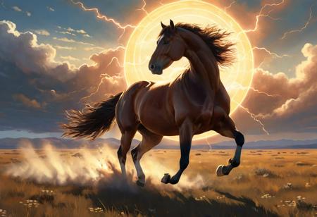Realistic painting of a large horse galloping powerfully across a vast steppe, with dynamic ray tracing capturing the sunlight filtering through an expansive sky, by artists inspired by the detail and lifelikeness of George Stubbs and the dynamic compositions of Frederic Remington, cinematic composition, trending on ArtStation
BadDream, anzhcdreamwave, aesthetic, glowneon, glowing, sparks, lightning