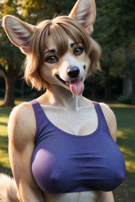 bust shot, London park setting, warm lighting, (solo:1.3),
BREAK, staring into the camera, 20 years old, anthro dog corgi female with tan and white fur, muscular, lean build, fluffy tail, brown eyes, (short blonde hair, bob cut hairstyle), dog snout, canine teeth, fangs, (extremely long canine tongue, drooling, drool flowing from tongue), (fluffy fur, thick fur, detailed fur texture), (wearing a purple crop top, wearing blue jeans), large breasts, claws, hand paws, pink paw pads