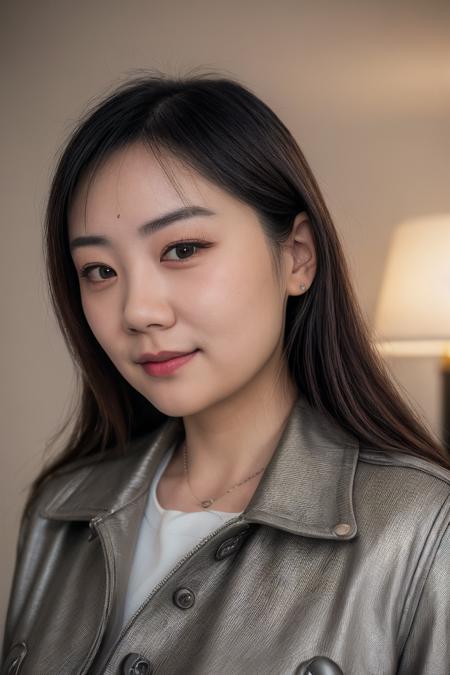 a close up headshot portrait of fanfan, portrait photography, 3 point backlight, diffused lighting, balcony, wearing jacket, a close up RAW format high quality photograph, (smile:0.7), Fujifilm X-E4, Fuji 75mm f1.2 lens, indoors,   <lora:fanfan:0.85>