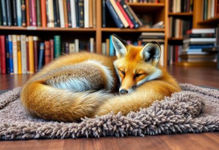 a small fox is curled up on a carpet, the carpet is on top of a wood floor, behind the fox is a bookshelf, the fox is in a rustic book store, there is a sock on the foxes head/