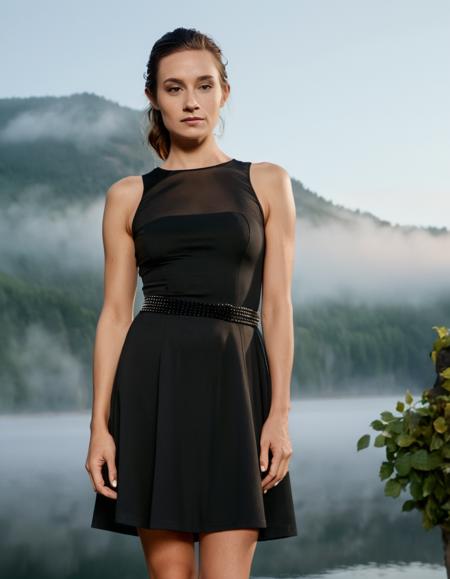 ohwx woman, 20 years old,At the edge of a misty lake at dawn, where the silence speaks volumes, a cinematic photo is captured, full body shot focus, Photorealistic portrait in breathtaking detail, photo scanned at ultra-high resolution, by Helmut Newton and Peter Lindbergh. Soft light source from the side, captivating expression with a hint of a smile, flawless skin,modern dress, cinched waist, sophisticated beauty, timeless elegance. 35mm photograph, film, bokeh, professional, 4k, highly detailed.