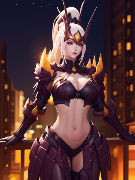 WZRYhuamulanSJLLZ, 1girl, solo, navel, breasts,  armor, cleavage, white hair, clothing cutout,midriff, red eyes, looking at viewer,high ponytail, forehead protector,  <lora:WZRYhuamulanSJLLZ:0.7>,cityscape, night, mature female,