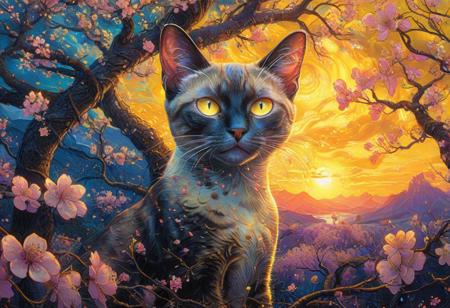 PsychadelicChaos, absurdres, high resolution, detailed, stylized by Alex Ross, Marc Silvestri, photograph, close up of a In a surreal landscape, the iconic Siamese Cat psychadeliced in a vibrant Enticing Yellow psychadelic is seen in front of a backdrop of cherry blossom flowers. at Sunset, Light, Gadgetpunk, Cold Lighting, Kodak portra 800, 80mm, One Color, <lora:Upgraders\Detail Tweaker XL:1.0>, <lora:Challenge\aidmaPsychadelicChaosWorldMorphXL-V0.1:1.0>